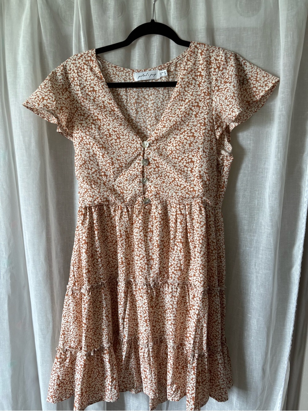 Petal & Pup Cream and Brown Floral Button-Front Tiered Dress